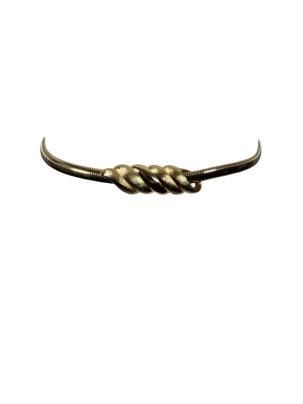Vintage 70s Stretch Gold Metal Chain Belt Ribbon Twist Buckle Retro Glam Sz S/M